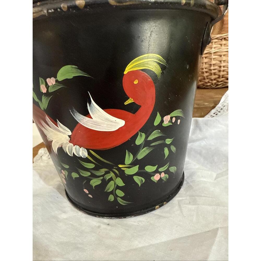 VTG Hand Painted Tole Pail Bucket Bird Folk Art Shabby Country Farm Primitive - Picture 3 of 9